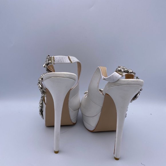 FSJ White Satin Slingback Bridal Heels Rhinestone - Picture 8 of 10